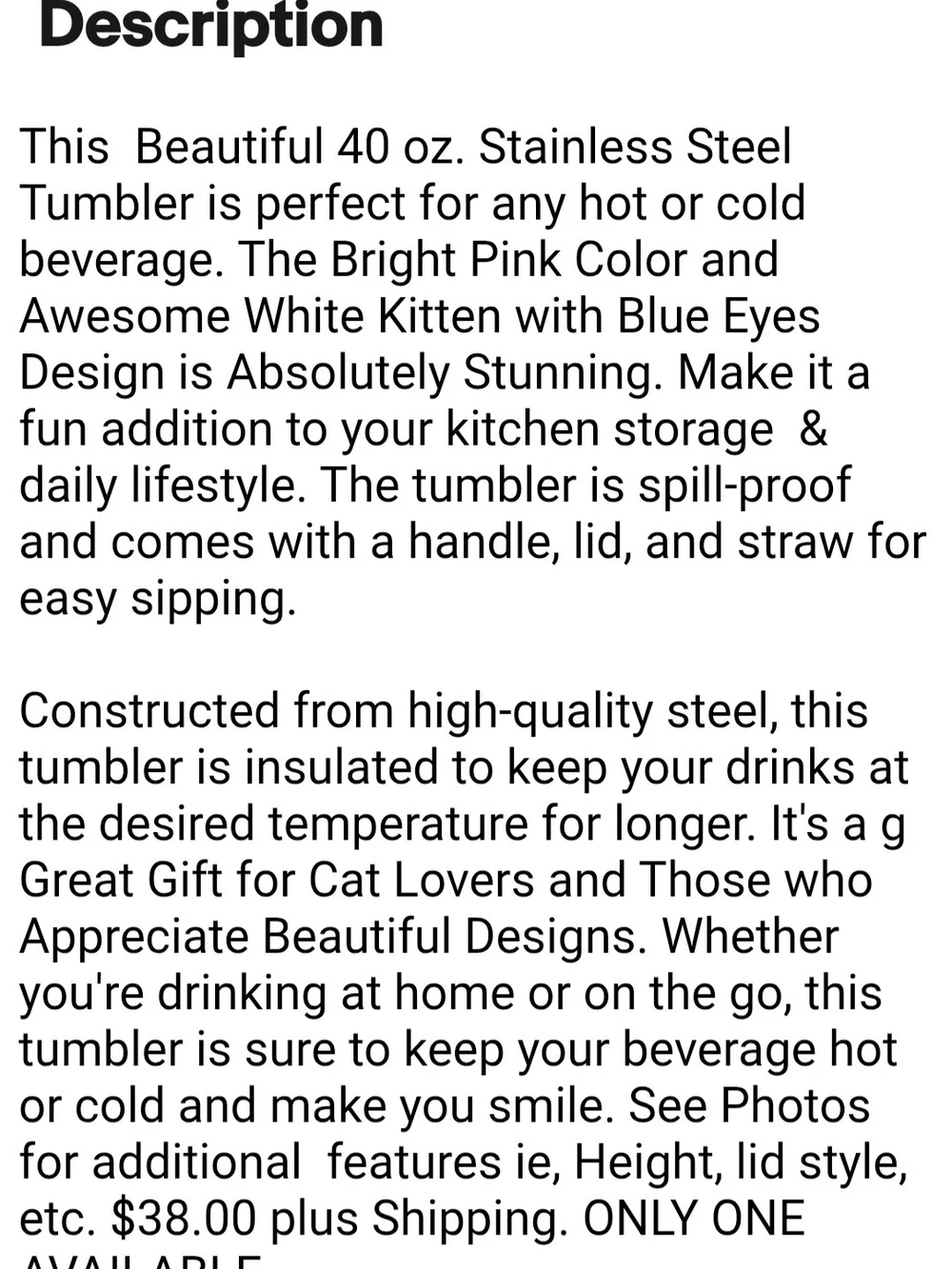 Pink Floral Stainless Steel Cat Insulated Tumbler W/White Kitten Design. $38.00